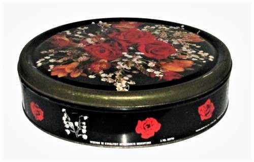 Vintage, Collectible Weston`s Black Biscuit Tin with Blood Red Roses