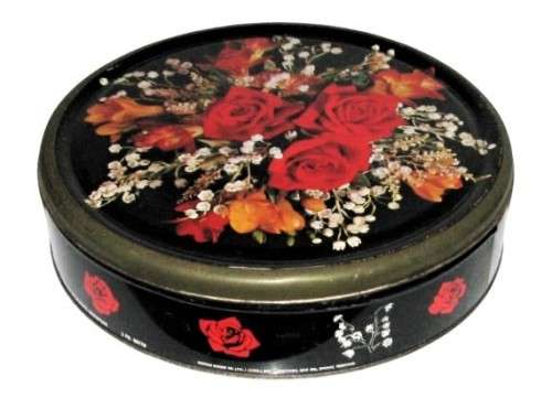 Vintage, Collectible Weston`s Black Biscuit Tin with Blood Red Roses