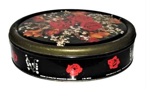 Vintage, Collectible Weston`s Black Biscuit Tin with Blood Red Roses