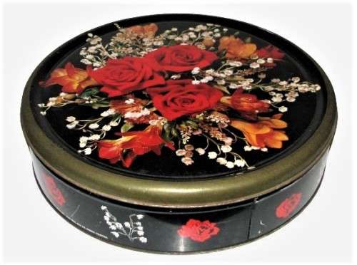 Vintage, Collectible Weston`s Black Biscuit Tin with Blood Red Roses