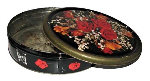 Vintage, Collectible Weston`s Black Biscuit Tin with Blood Red Roses