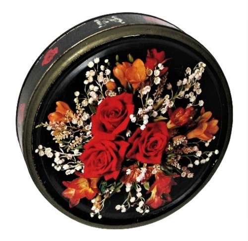 Vintage, Collectible Weston`s Black Biscuit Tin with Blood Red Roses
