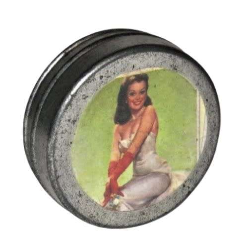 Vintage, Collectible Small Storage Tin with 1950s Pin-up Girl Graphic