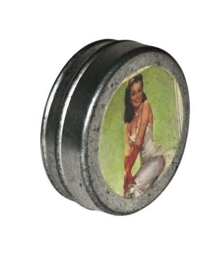 Vintage, Collectible Small Storage Tin with 1950s Pin-up Girl Graphic