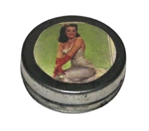 Vintage, Collectible Small Storage Tin with 1950s Pin-up Girl Graphic