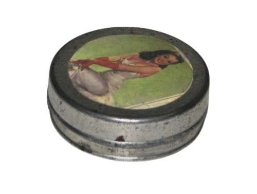 Vintage, Collectible Small Storage Tin with 1950s Pin-up Girl Graphic