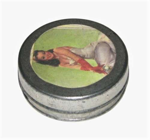 Vintage, Collectible Small Storage Tin with 1950s Pin-up Girl Graphic