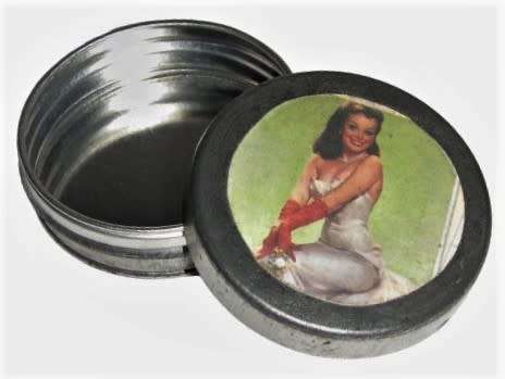 Vintage, Collectible Small Storage Tin with 1950s Pin-up Girl Graphic