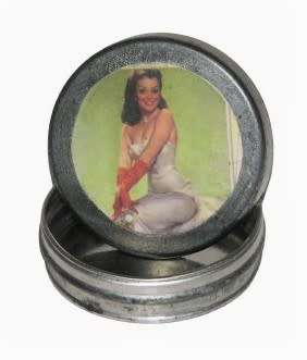 Vintage, Collectible Small Storage Tin with 1950s Pin-up Girl Graphic