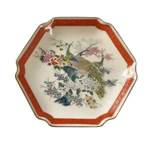 Vintage Hexagonal Japanese Satsuma Red and Gilt Display Plate with Peacock and Flower Decoration