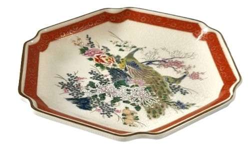 Vintage Hexagonal Japanese Satsuma Red and Gilt Display Plate with Peacock and Flower Decoration