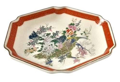 Vintage Hexagonal Japanese Satsuma Red and Gilt Display Plate with Peacock and Flower Decoration