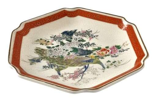 Vintage Hexagonal Japanese Satsuma Red and Gilt Display Plate with Peacock and Flower Decoration