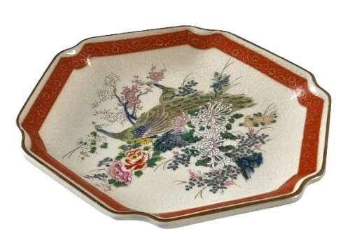 Vintage Hexagonal Japanese Satsuma Red and Gilt Display Plate with Peacock and Flower Decoration