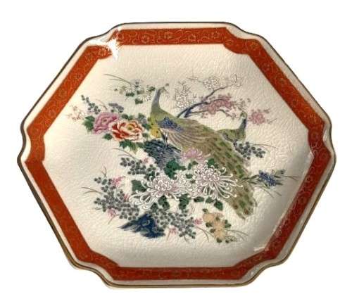 Vintage Hexagonal Japanese Satsuma Red and Gilt Display Plate with Peacock and Flower Decoration