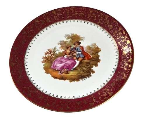 Vintage Large Limoges Castel France Fragonard Gilt Porcelain Display Plate - Romantic Couple