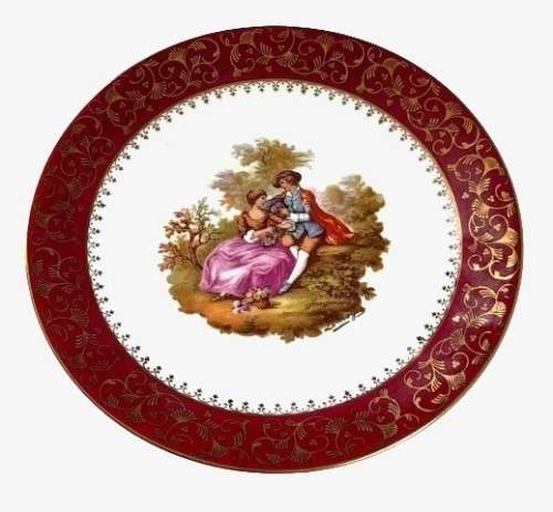 Vintage Large Limoges Castel France Fragonard Gilt Porcelain Display Plate - Romantic Couple