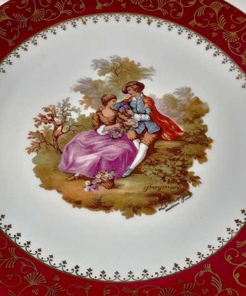 Vintage Large Limoges Castel France Fragonard Gilt Porcelain Display Plate - Romantic Couple