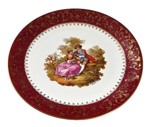 Vintage Large Limoges Castel France Fragonard Gilt Porcelain Display Plate - Romantic Couple