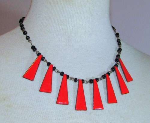 Vintage Copper and Black Bead Necklace with Bright Deep Orange Enamel