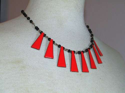 Vintage Copper and Black Bead Necklace with Bright Deep Orange Enamel