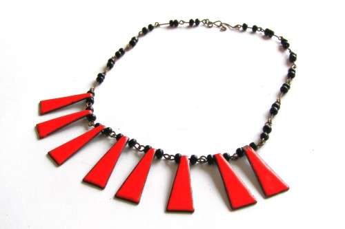 Vintage Copper and Black Bead Necklace with Bright Deep Orange Enamel