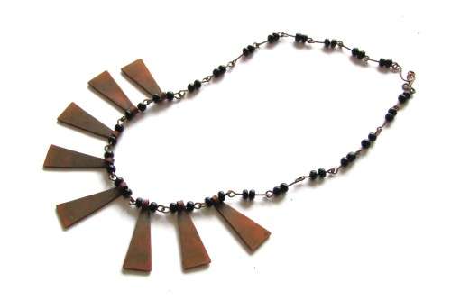 Vintage Copper and Black Bead Necklace with Bright Deep Orange Enamel
