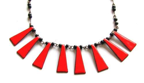 Vintage Copper and Black Bead Necklace with Bright Deep Orange Enamel