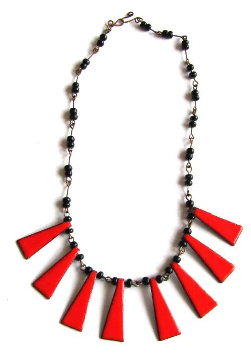 Vintage Copper and Black Bead Necklace with Bright Deep Orange Enamel