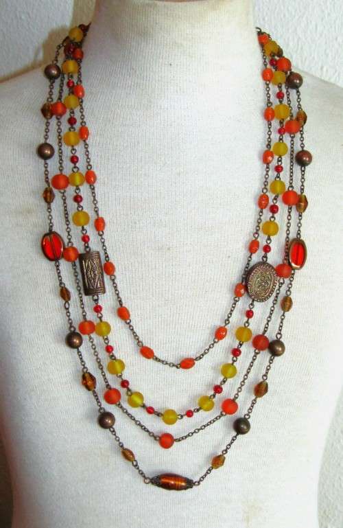 Vintage Antique Brass Tone Four Strand Beaded Necklace in Autumn Colours
