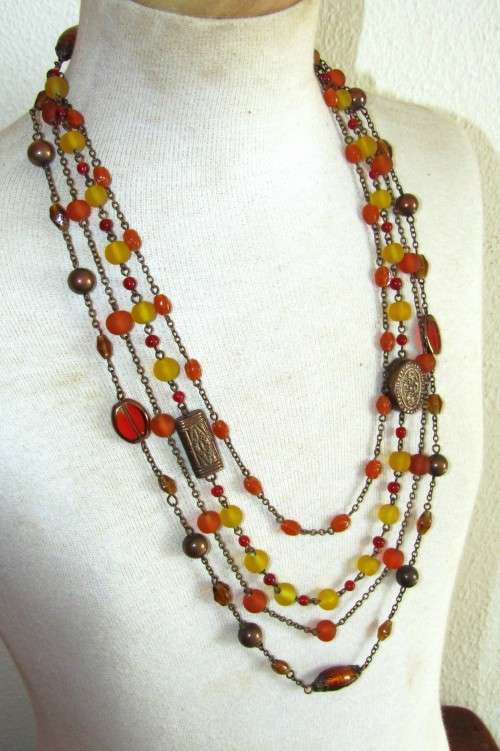 Vintage Antique Brass Tone Four Strand Beaded Necklace in Autumn Colours