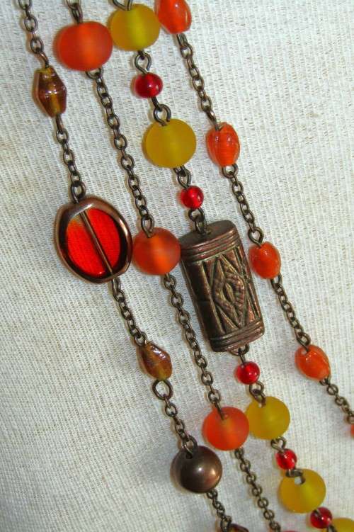 Vintage Antique Brass Tone Four Strand Beaded Necklace in Autumn Colours