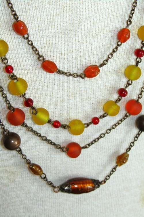 Vintage Antique Brass Tone Four Strand Beaded Necklace in Autumn Colours