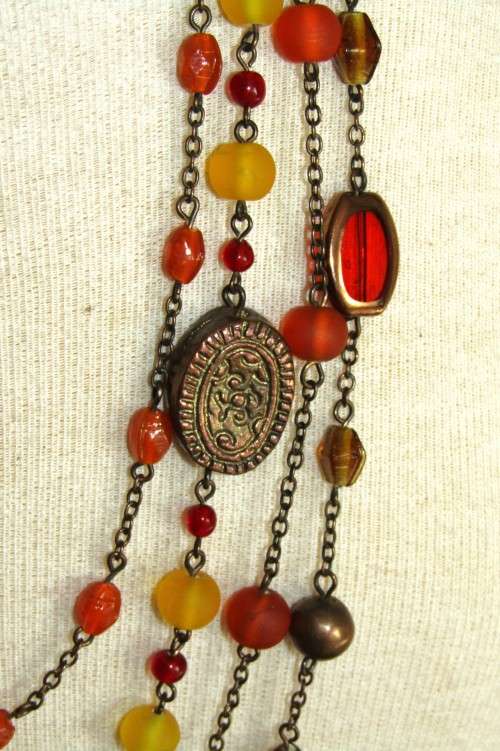 Vintage Antique Brass Tone Four Strand Beaded Necklace in Autumn Colours