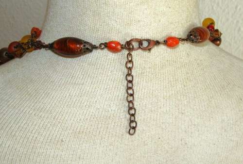 Vintage Antique Brass Tone Four Strand Beaded Necklace in Autumn Colours