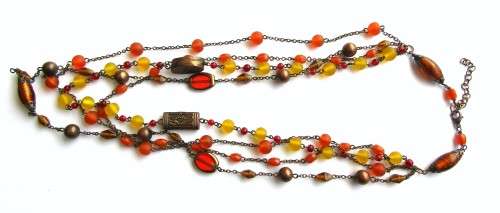 Vintage Antique Brass Tone Four Strand Beaded Necklace in Autumn Colours