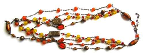 Vintage Antique Brass Tone Four Strand Beaded Necklace in Autumn Colours