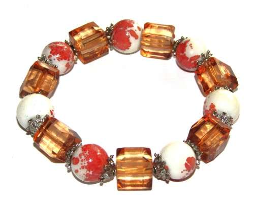 Vintage Round Ceramic and Square Simulated Stone Stretch Bracelet