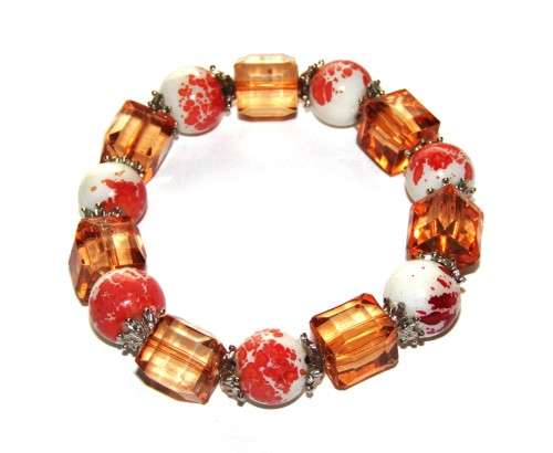 Vintage Round Ceramic and Square Simulated Stone Stretch Bracelet