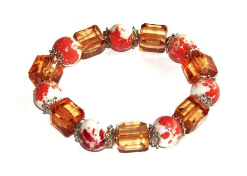 Vintage Round Ceramic and Square Simulated Stone Stretch Bracelet