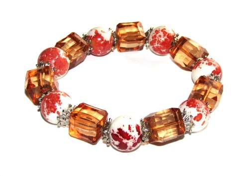 Vintage Round Ceramic and Square Simulated Stone Stretch Bracelet