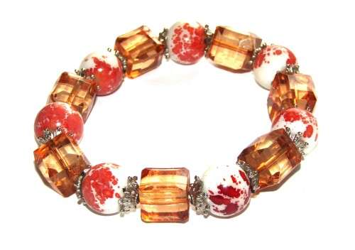 Vintage Round Ceramic and Square Simulated Stone Stretch Bracelet