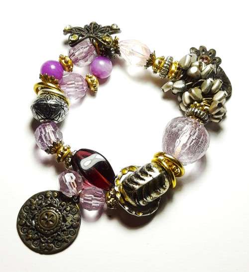 Vintage Purple, Brass and Silver Tone Multi-bead and Charms Stretch Bracelet