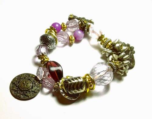 Vintage Purple, Brass and Silver Tone Multi-bead and Charms Stretch Bracelet