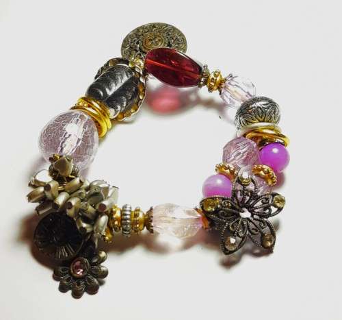 Vintage Purple, Brass and Silver Tone Multi-bead and Charms Stretch Bracelet