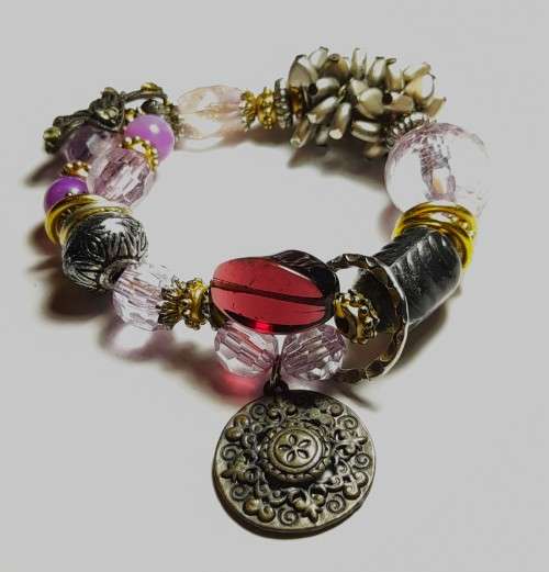 Vintage Purple, Brass and Silver Tone Multi-bead and Charms Stretch Bracelet