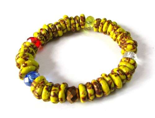 Vintage Mustard Yellow African Trade Bead Stretch Bracelet with Faceted Crystal Beads - Ghana