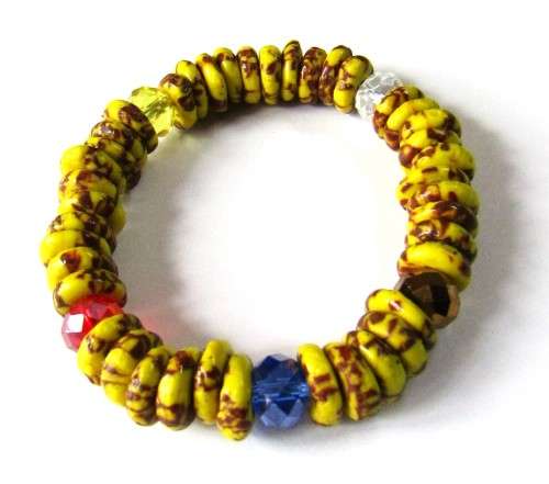 Vintage Mustard Yellow African Trade Bead Stretch Bracelet with Faceted Crystal Beads - Ghana