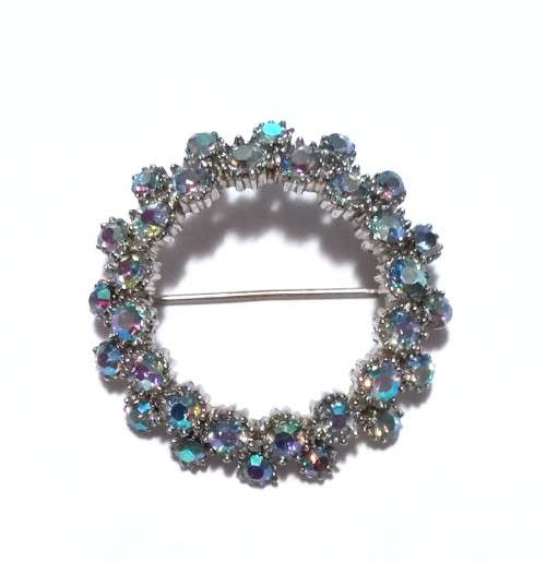 Vintage 1950`s Blue Aurora Borealis Rhinestone Wreath Brooch by Sphinx