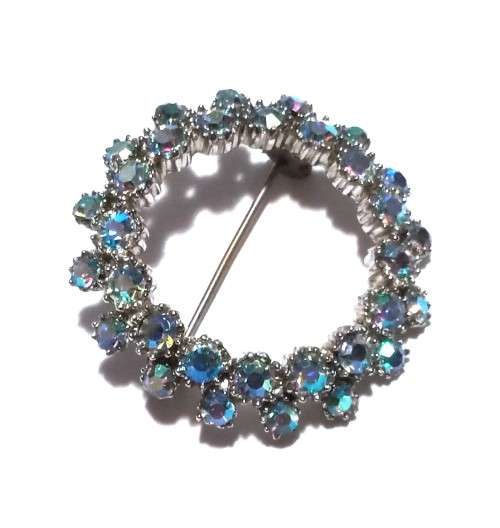 Vintage 1950`s Blue Aurora Borealis Rhinestone Wreath Brooch by Sphinx